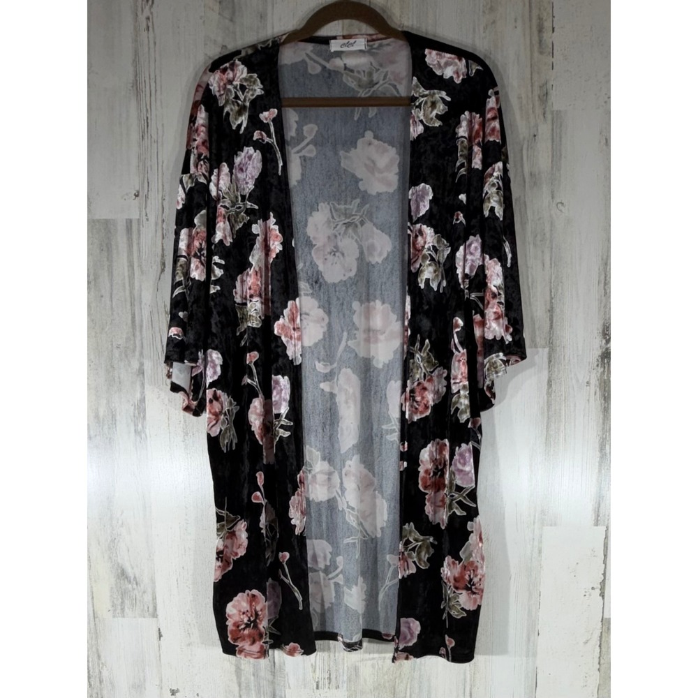 CiCi Kimono Cardigan S/M Oversized Black Pink Floral‎ Crushed Velvet Open Front